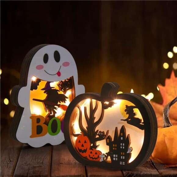 2pcs Lighted Wooden Pumpkin Lanterns - Halloween Tabletop Ghost Lamp Decoration - Picture 2 of 8